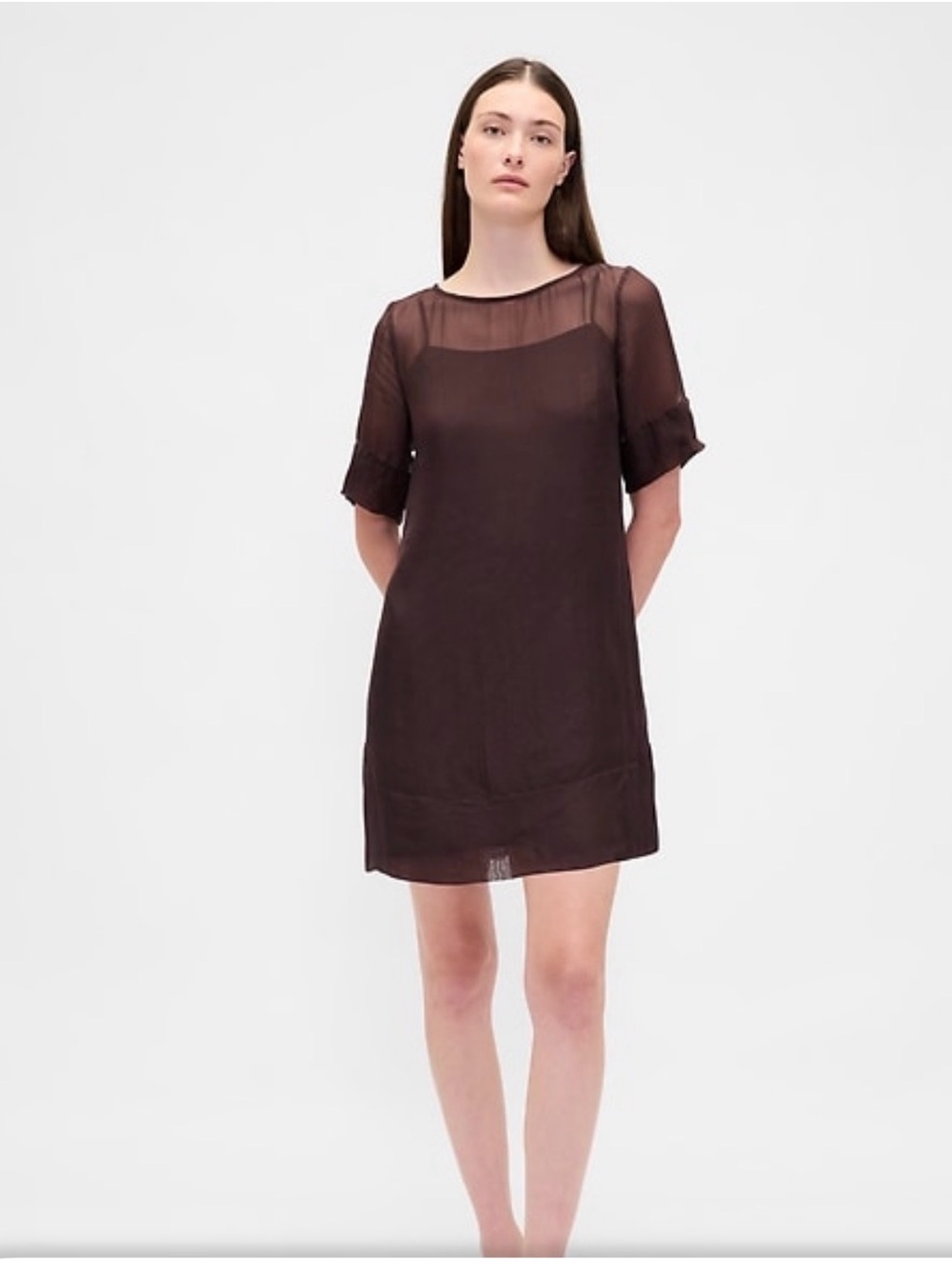 GAP Sheer Short-Sleeve Mini Dress in Dark Brown